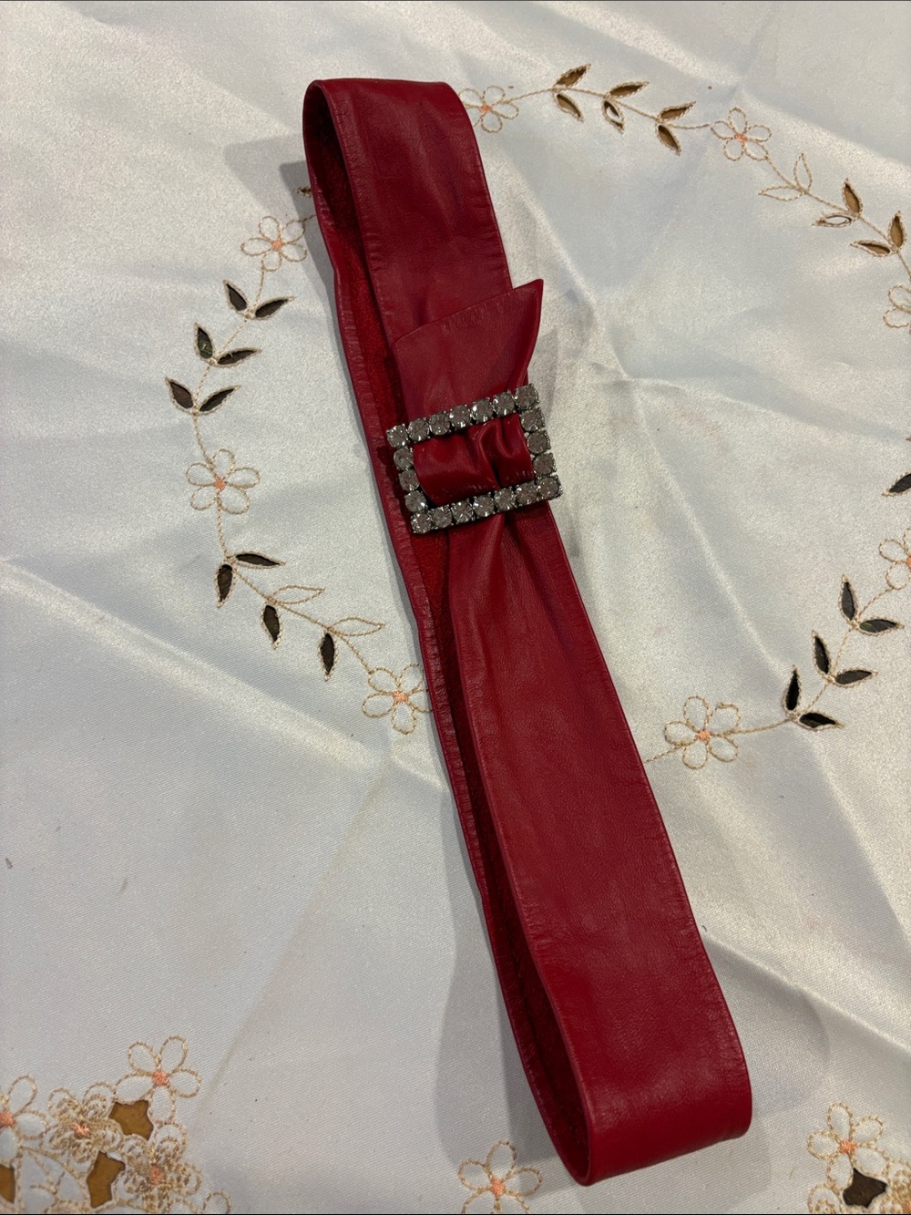 Vintage Women's Red Faux Leather Waist Belt with Crystal Buckle